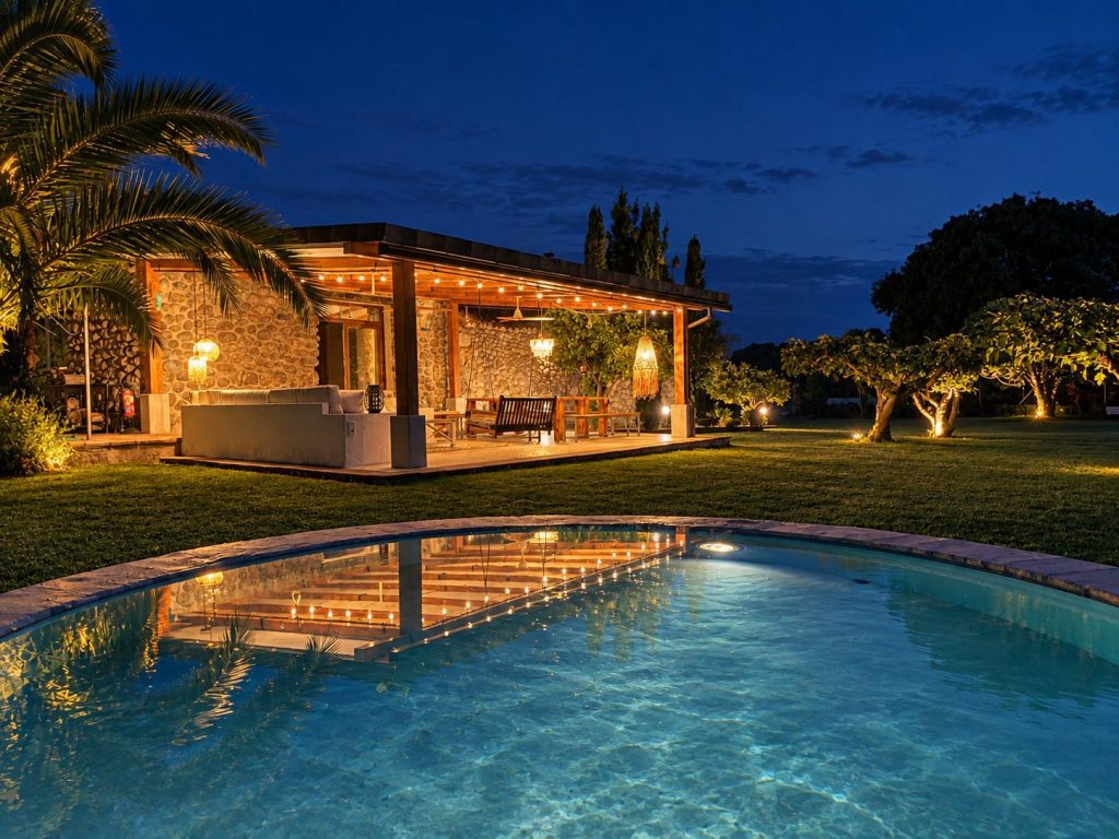 Piscina y porche iluminados al anochecer – rehabilitación de casa rural en Candeleda