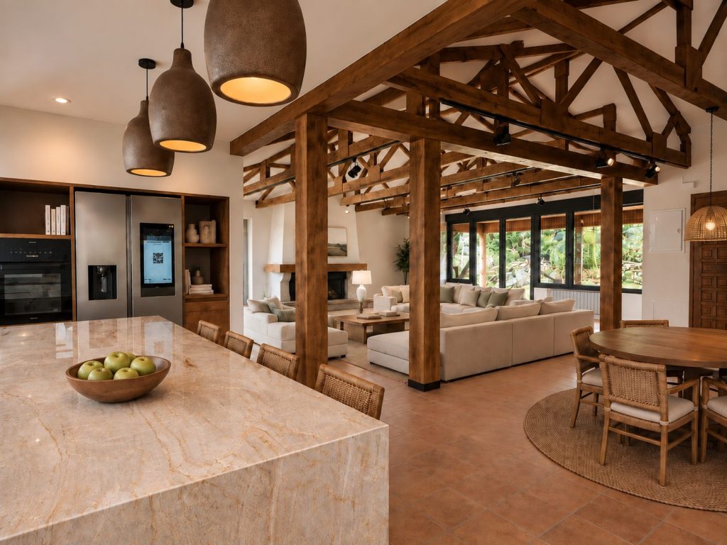 Cocina abierta al salón con vigas de madera vistas – reforma integral de casa en Collado Villalba