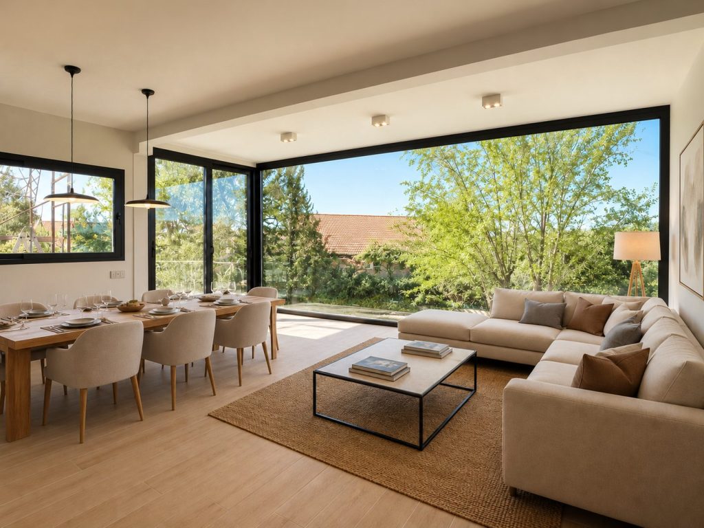 Salón comedor con gran ventanal al jardín – reforma integral de chalet en Los Peñascales, Torrelodones