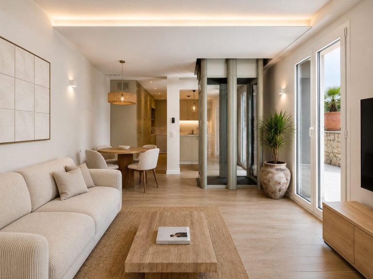 Salón comedor con suelo en espiga – reforma integral de dúplex en Torrelodones