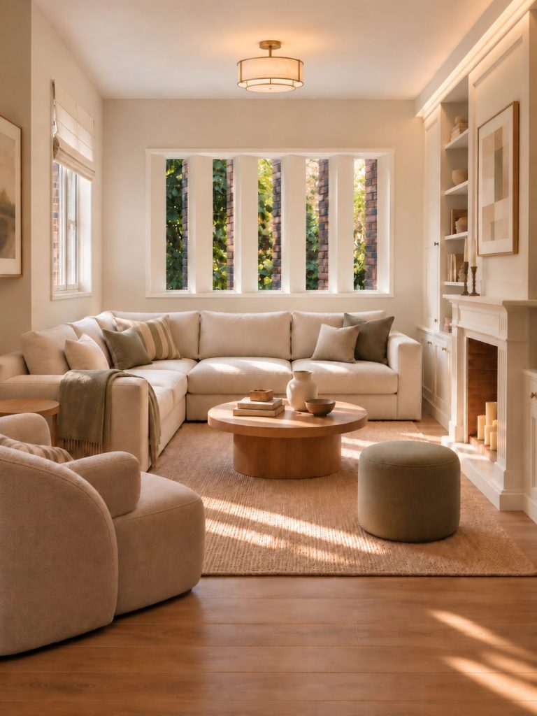 Salón con chimenea y ventanas de lamas – reforma integral de piso en Madrid