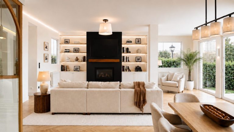 Salón con chimenea y suelo de roble tras la reforma integral · reforma integral en Torrelodones