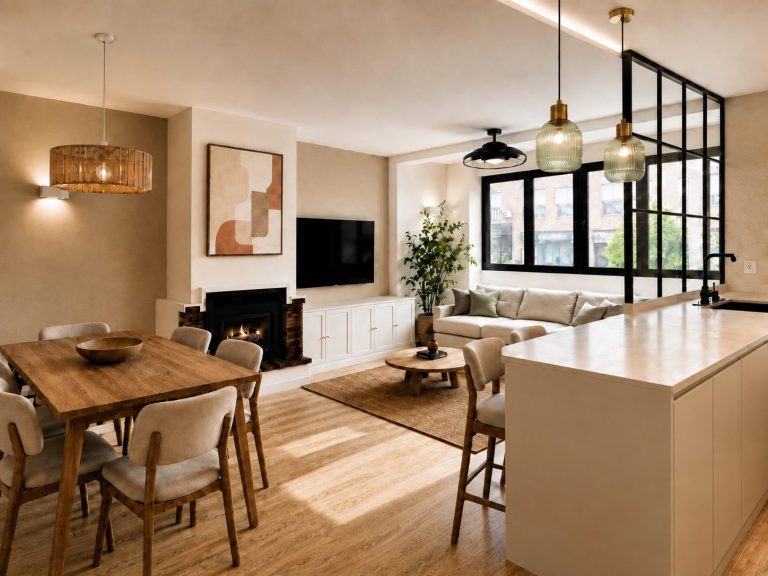 Salón comedor con cocina abierta – reforma integral de vivienda en Torrelodones
