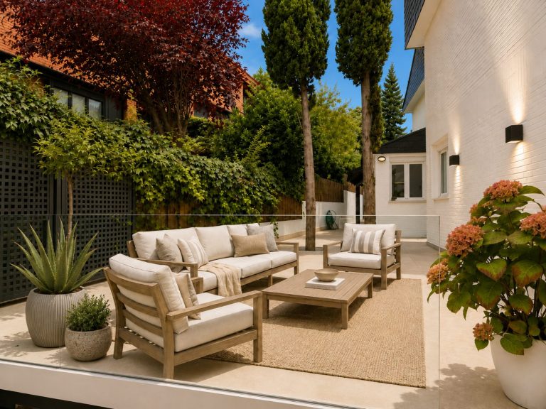 Patio con zona de estar junto a la fachada blanca – reforma de terraza y patio en Pozuelo de Alarcón