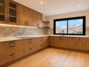 Cocina de madera con encimera porcelánica blanca – reforma integral de chalet en Torrelodones