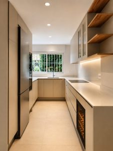 Cocina con encimera en cascada – reforma integral en Torrelodones