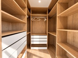 Vestidor a medida en madera con baldas y cajonera, chalet reformado en Alcobendas