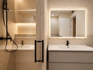 Baño con grifería negra – reforma integral de chalet en Torrelodones