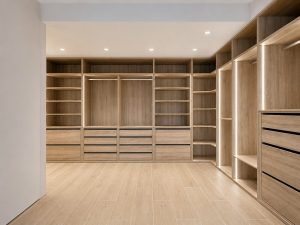 Vestidor de madera con iluminación LED – reforma integral de chalet en Los Peñascales, Torrelodones