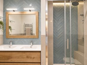 Baño con azulejo en espiga y mueble de madera – reforma integral de piso en Madrid