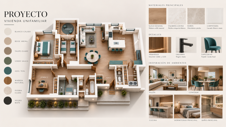 Moodboard de proyecto de distribución de vivienda: plano 3D, paleta, materiales y ambientes