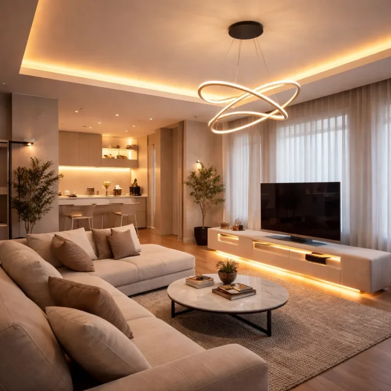 Guía de iluminación en el hogar: salón con luz indirecta y lámpara de diseño